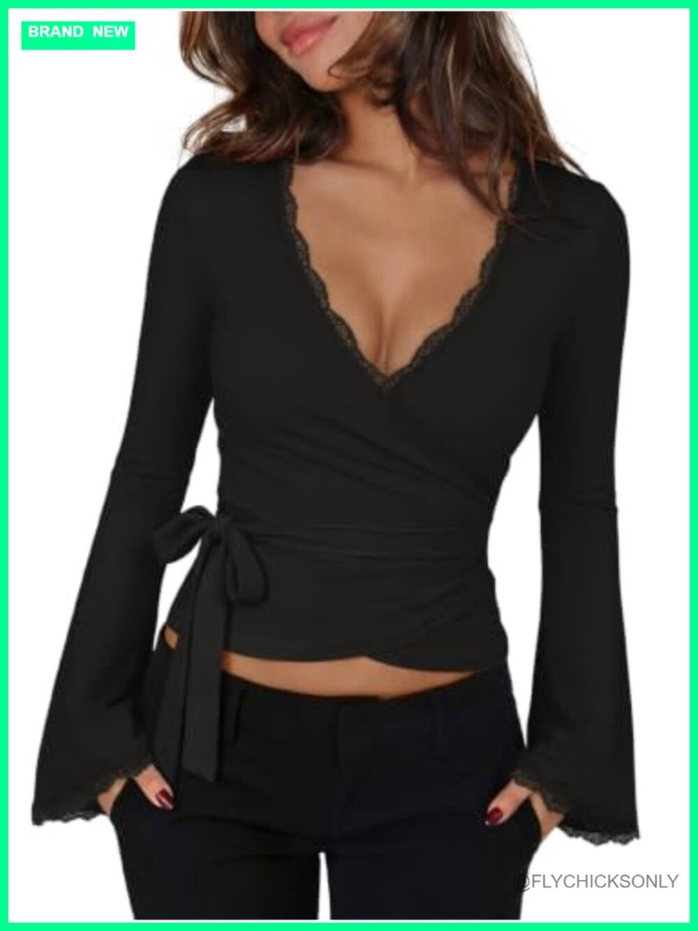 Sexy Lace Wrap Top Bell Long Sleeve Cropped Going Out T-Shirt